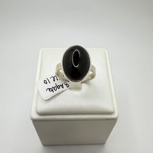 Unisex 17x12mm Black Agate Cabochon oval solitaire ring in sterling silver!